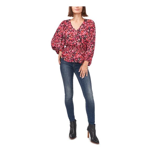 VINCE CAMUTO Womens Pink Smocked Floral Blouson Sleeve V Neck Peplum Top XXS - Picture 3 of 4